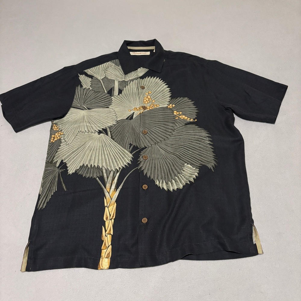 Tommy Bahama Mens Small Black 100% Silk Fan Palm Tree Graphic Camp Shirt